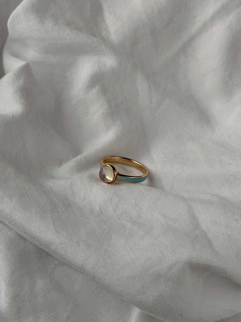 Happy Solitaire Ring - 18k Gold Plated - Opalite & Blue Enamel - Size 7
